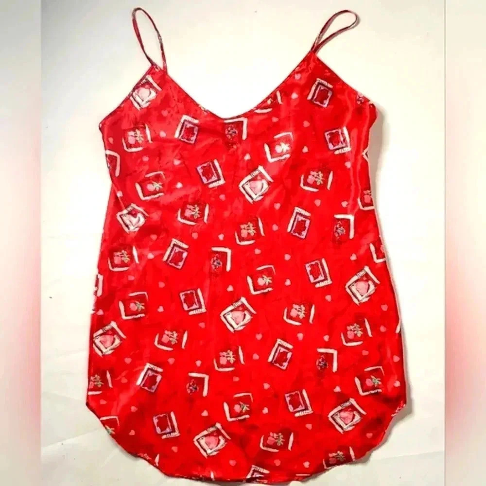 Vintage Honors Intimate Red Rose Letters Satin Lingerie Chamise slip on.Sz M/L